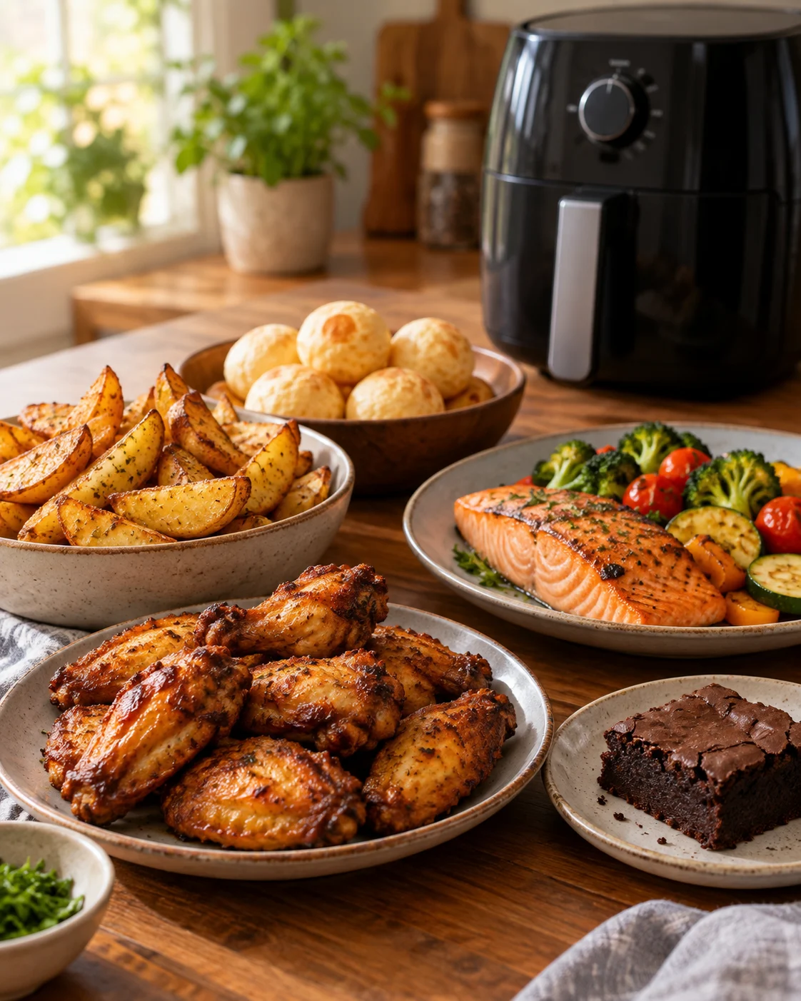 Mesa caseira com asinhas douradas, batatas, pão de queijo, salmão com legumes e brownie ao lado de uma air fryer